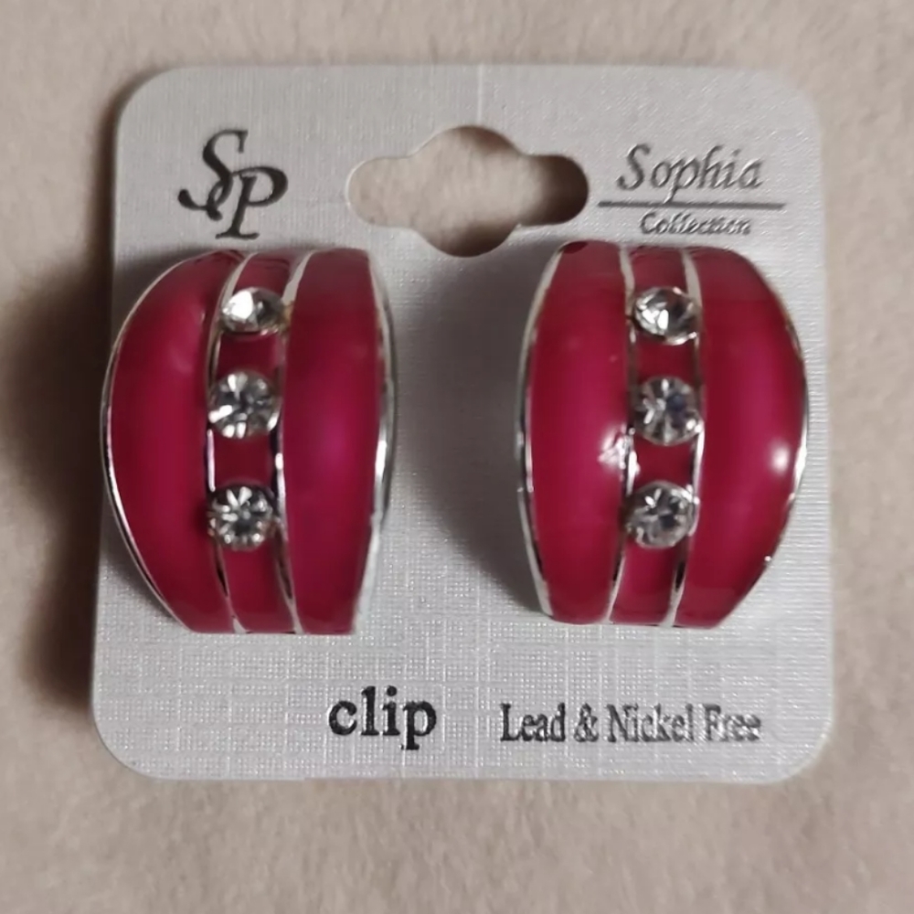 Sophia Collection Pink Clip Earrings, NWT Silver tone Trim Clear Faux Gems